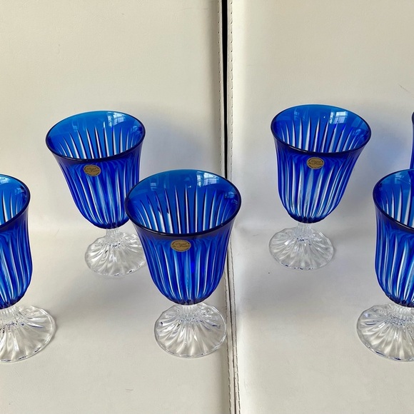 Vintage Crystal De France Blue Genuine Glasses Wine Goblets Of 6 - Picture 5 of 12